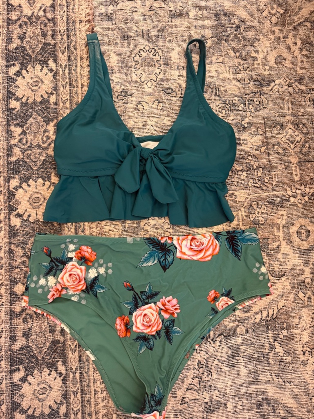 Cupshe Teal Floral Two-Piece Bikini Set